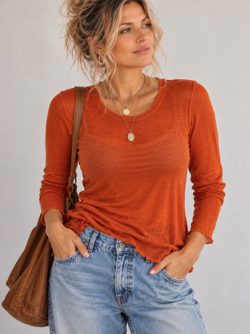 Line Burnt Orange Modal Cashmere Semi-Sheer Top